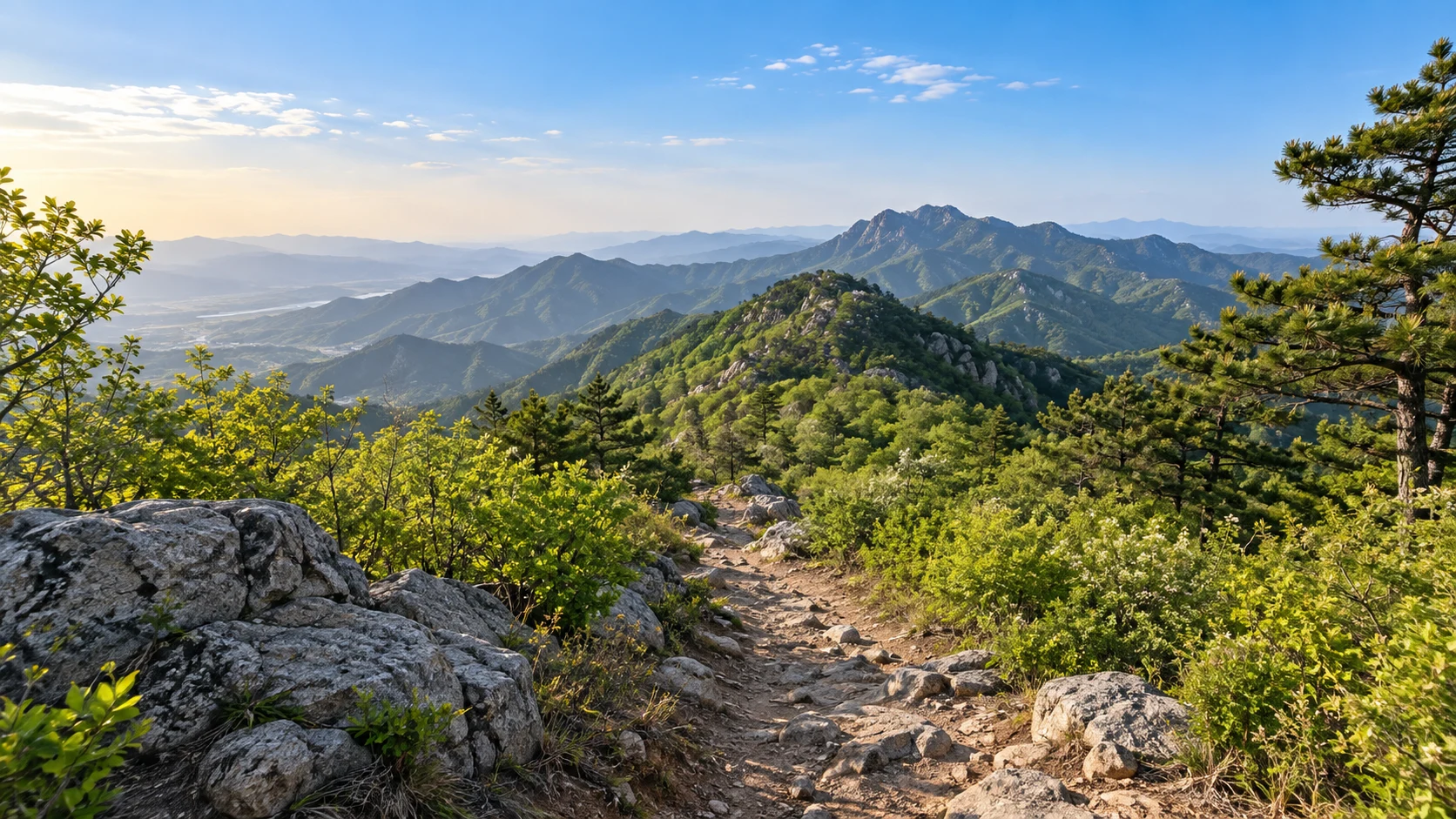 北京五月中旬近郊山地的自然意象，松柏与新绿落叶林交织，近景灰色石块和褐色土径，中央小径经绿色灌木通向中远景连绵山丘，明快干净天空和柔和阳光，不指定寺庙、山名、祈福建筑或具体路线