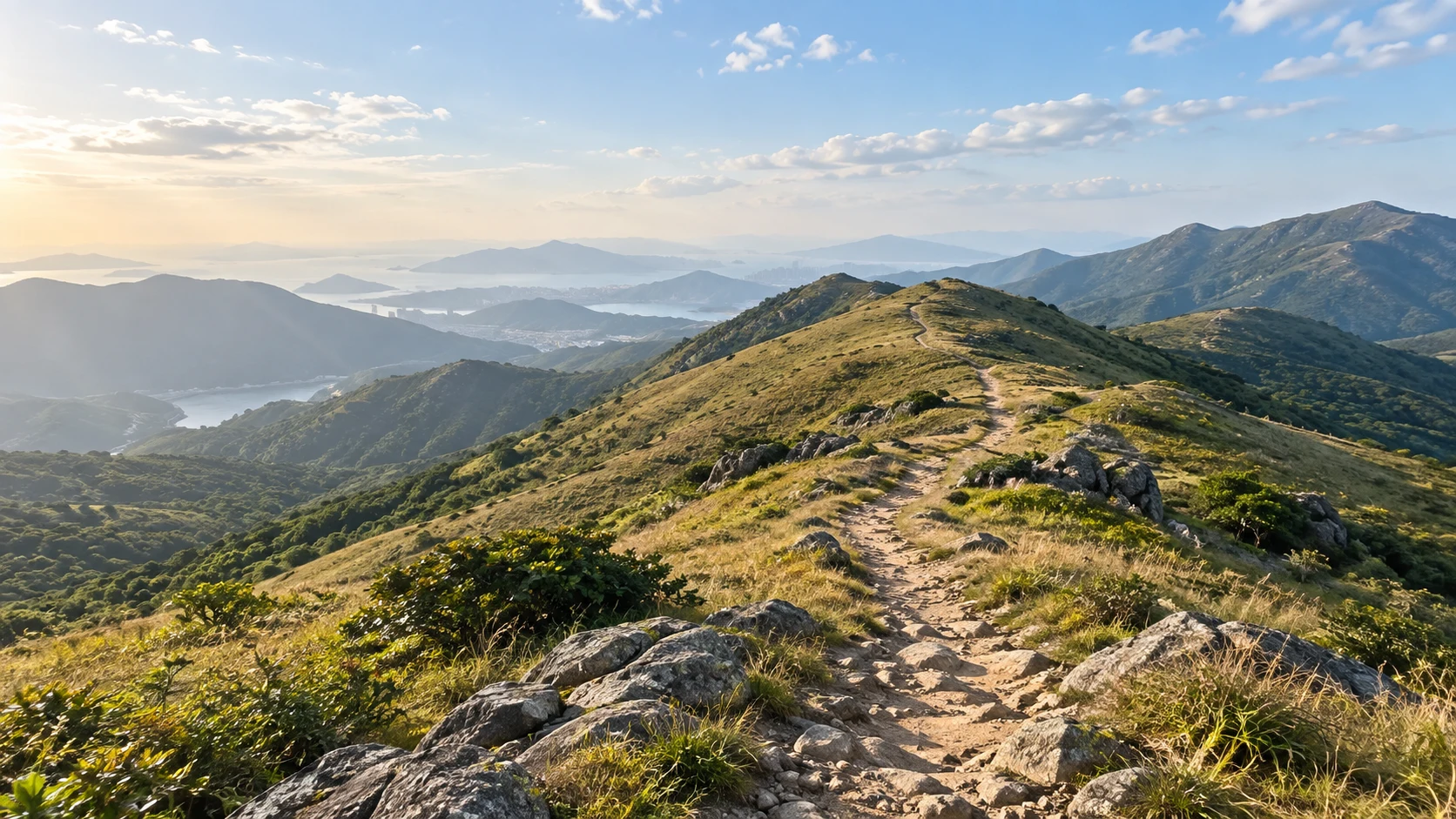 香港大帽山地区三月初，开阔的黄绿相间山地草坡，灰色火山岩与少量低矮灌木，山脚深绿树林，中央稳妥的土石山径顺着宽缓山脊前进，远处层叠新界丘陵，明亮柔和春日晨光，不画雪山或天文台设施