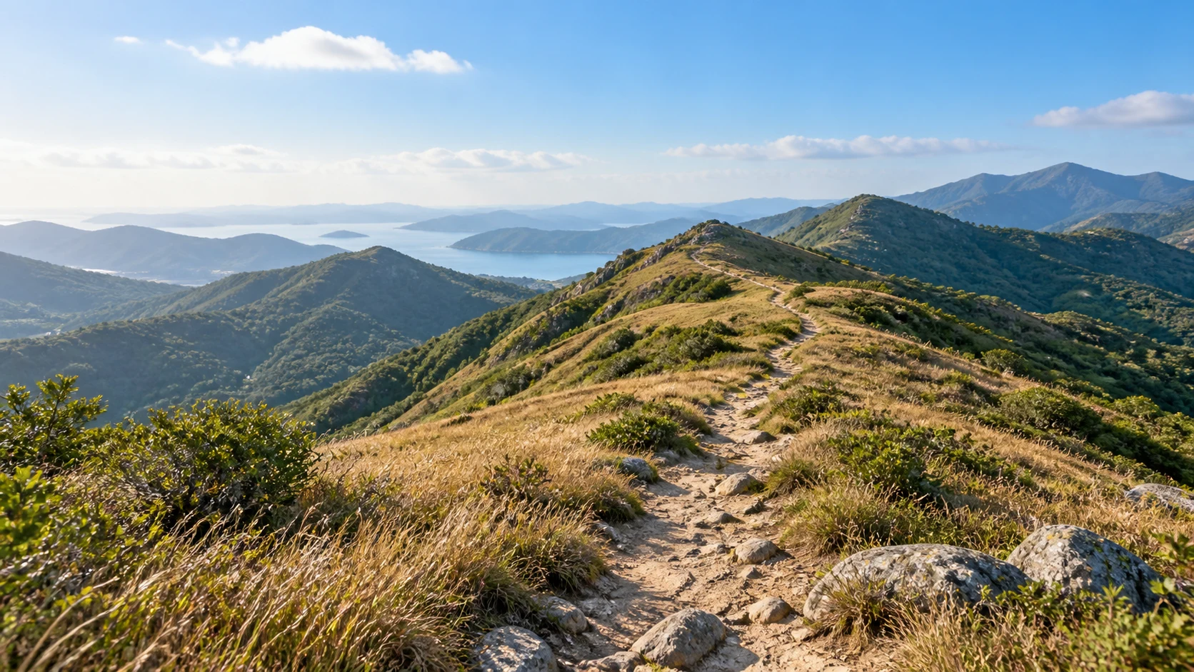 香港新界东北八仙岭地区二月,低中海拔连绵山脊,冬季金黄草坡和常绿灌丛相间,中央石土山径舒展向中景鞍部,远处绿丘与一小片淡蓝水面,温和冬阳与通透空气,不具象某一确切机位,不出现高大雪山
