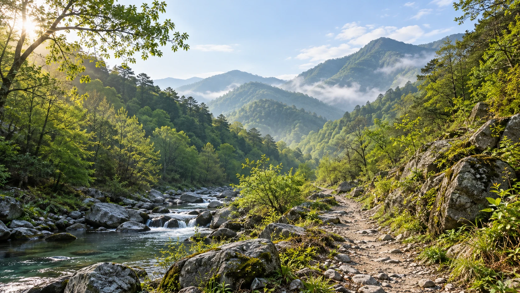 浙江安吉黄浦江源龙王山地区四月,春季青绿的天然阔叶山林、清澈小溪、天然灰色岩石,前景中央一条石土小径沿溪岸向中景山谷延伸,少量新芽浅绿色,远景层叠林山和晨间轻雾,阳光穿透树冠,没有雪山大瀑布