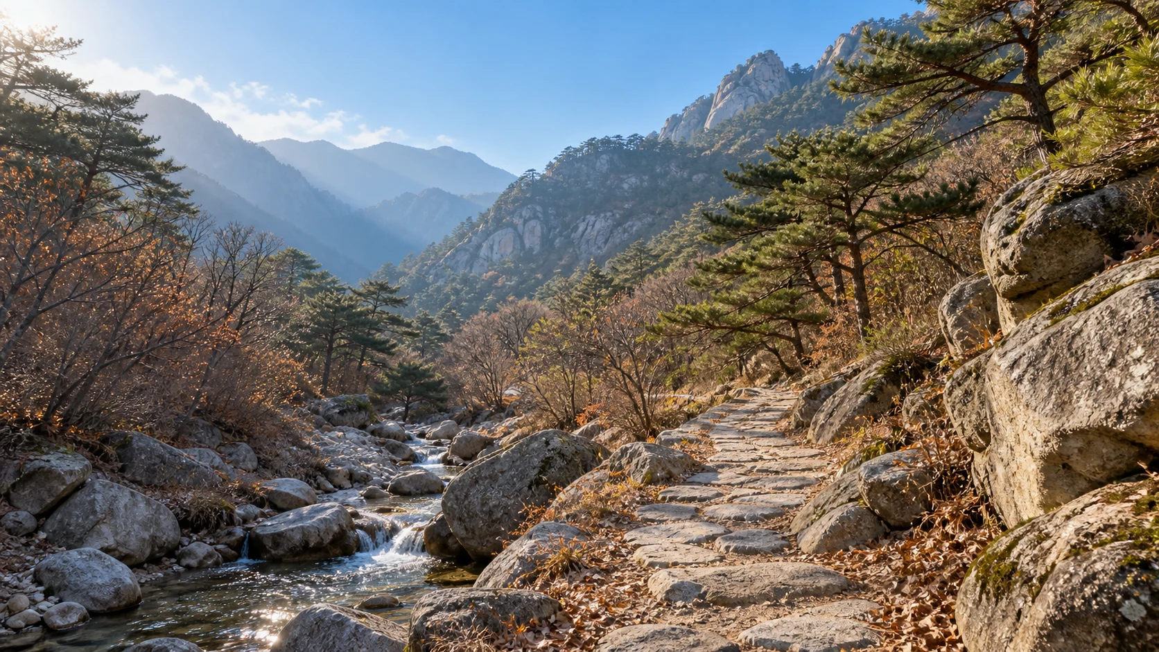 山东泰安泰山桃花峪周边十二月初，花岗岩溪谷、松柏和落叶阔叶树，溪边中央灰色石径缓缓进入低山林谷，干叶褐色而松针青绿，少量清溪映出明亮冬日阳光，不假定积雪，不画盛开桃花或极陡悬空石阶