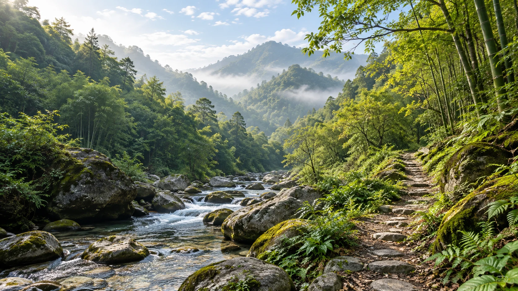 江西赣州上犹燕子岩所在地区三月末，湿润绿色丘陵森林，近景圆润溪石与清浅溪流，一条窄石土步道沿林间溪岸缓缓延伸，青翠竹木和苔藓，远处林坡收于薄雾，不画没有核实的大瀑布或岩洞内部