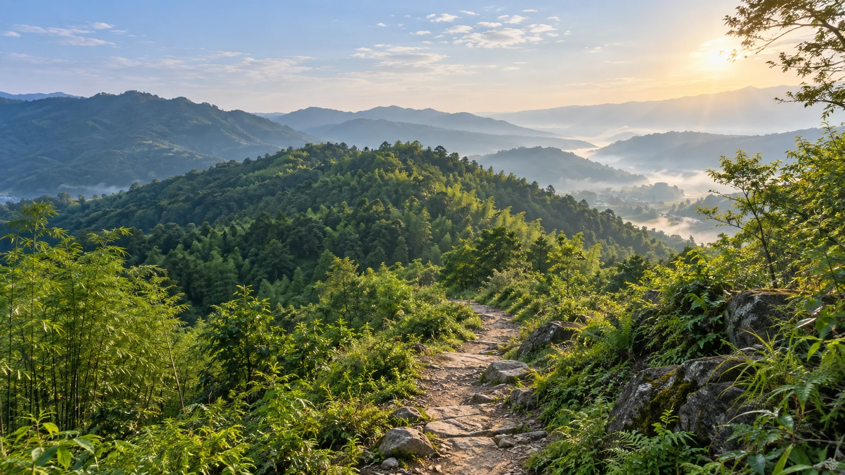 重庆巴南樵坪山四月末的低山台地与林坡,深绿常绿林和竹丛,中央土石步道沿平缓山肩前进,中景山林覆满宽厚山体,远景温和山谷薄雾,清晨柔和阳光,不画险峻雪峰或巨型丹霞柱