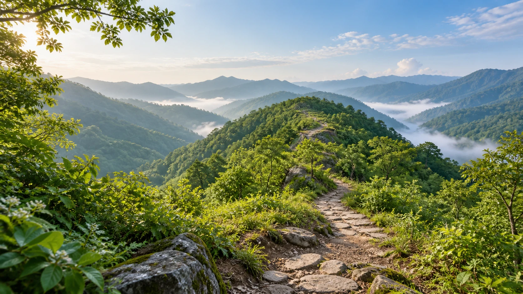 重庆北碚金刀峡镇周边五月，葱绿的亚热带山地森林，近景中央灰石与棕土步道从林荫中进入中景圆缓山脊，远处森林山谷带有淡薄晨雾，清澈柔和阳光，不指定景区某一峡谷或危险栈道，不出现红色丹霞巨壁