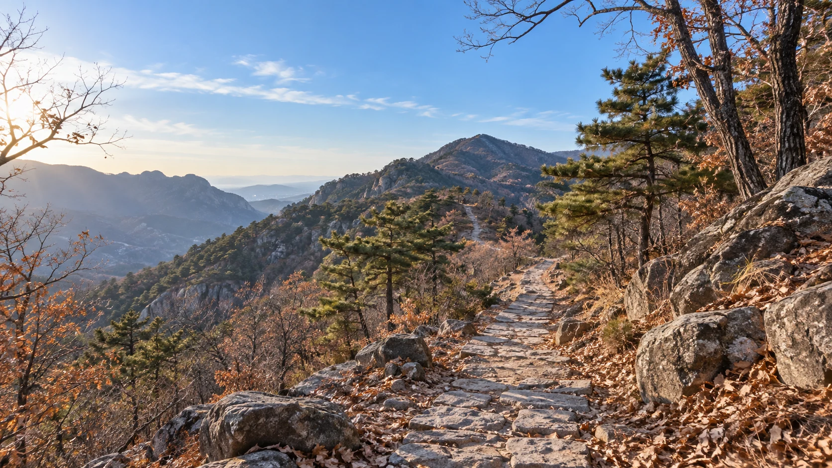 北京西山大觉寺周边十一月底山地,灰褐色石径与落叶铺地,绿色松柏混合稀疏的无叶落叶树林,中央步道通往温和起伏的山脊,浅蓝天空与冬季低角度清亮阳光,无寺院、雪景或杜撰峰顶