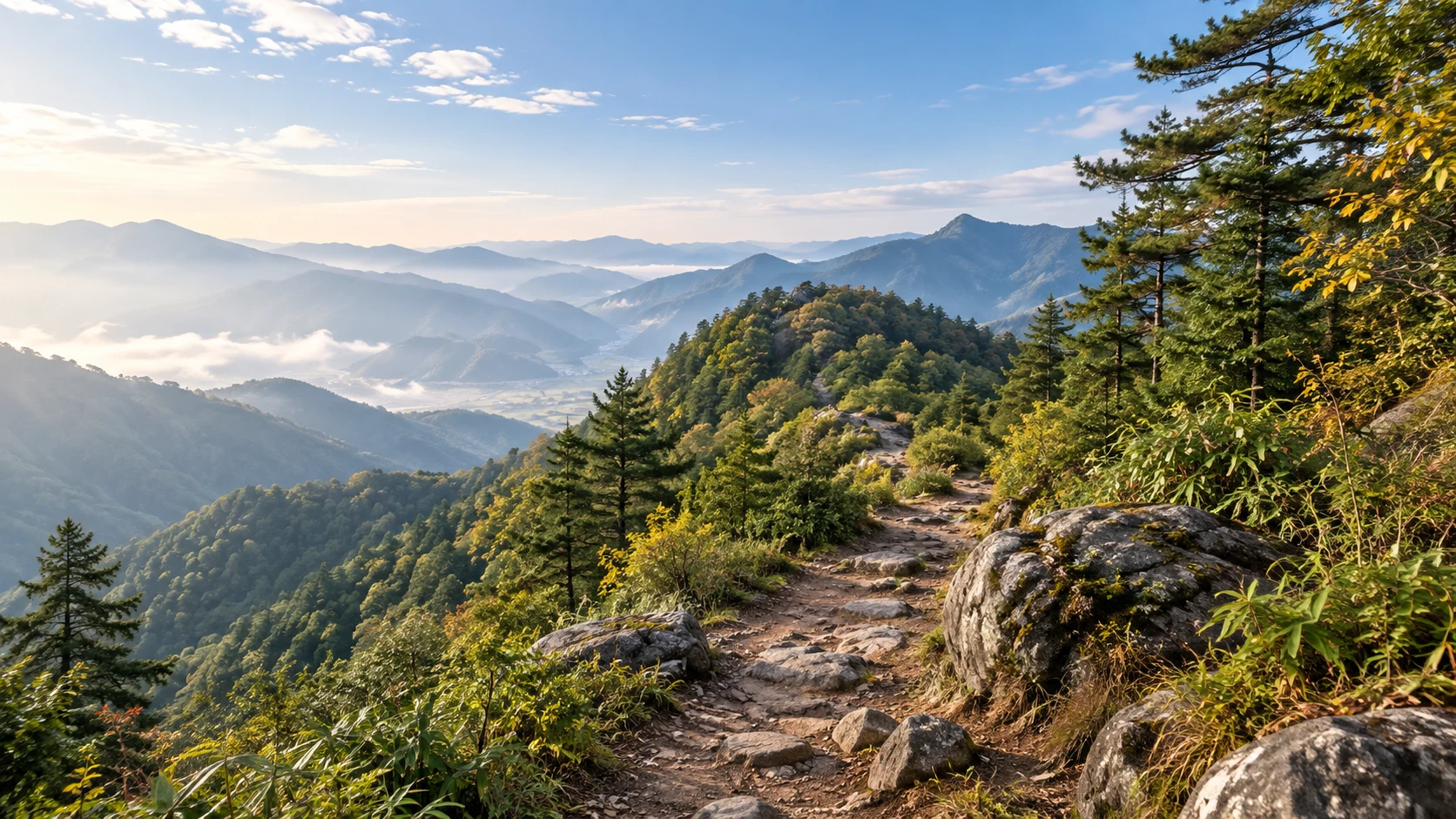 江西宜春明月山十月，亚热带山地林地中松竹杉和常绿阔叶相间，灰色自然岩石与棕土路径位于中央通向中景森林缓脊，远景青绿山谷微雾，秋日明亮柔光，少量浅黄叶，不画夸张悬崖或玻璃栈道