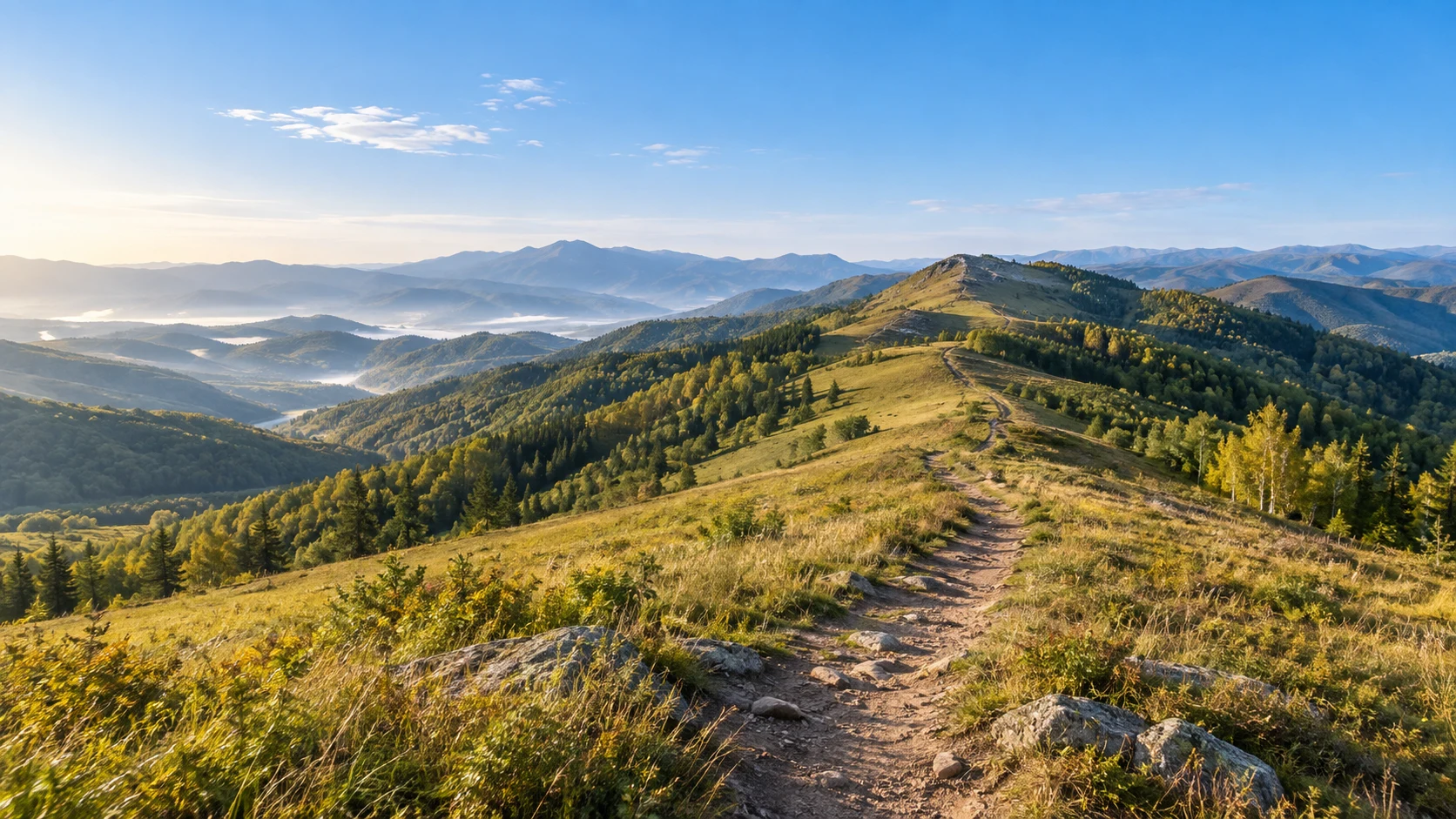 河北张家口崇礼云顶地区九月上旬，起伏舒缓的中山，开阔的黄绿色山地草坡和片状针阔混交林，中央土质山径贴近草坡向远处延伸，初秋少量草尖金黄，清晨侧光、澄澈蓝天，没有积雪，没有缆车设施