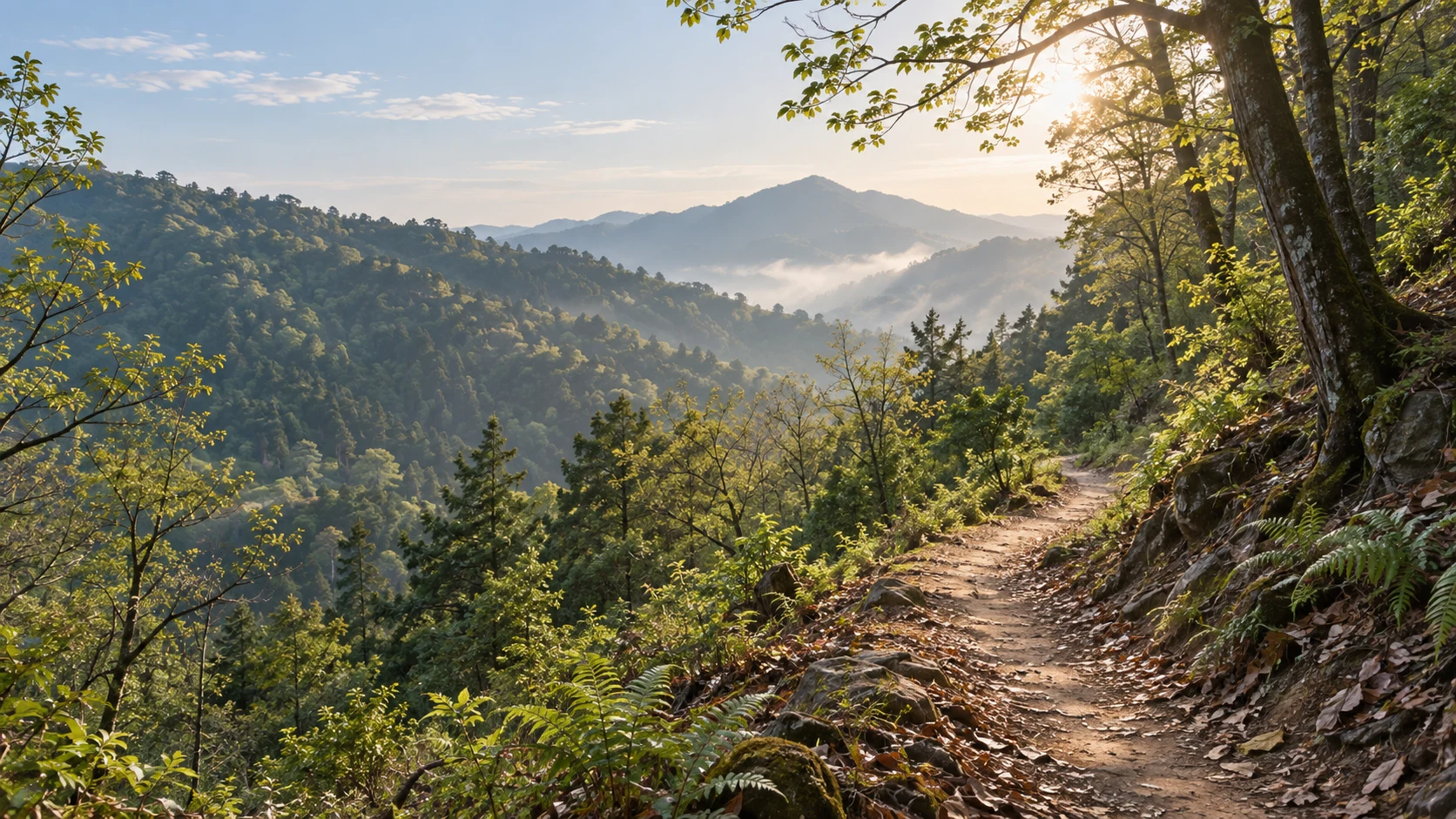 重庆沙坪坝三月早春山地,常绿山林与刚萌芽的落叶树交织,棕灰土径沿柔缓林坡转弯,近景少量蕨类与落叶,中景林冠层层延伸,柔和日光穿透轻雾,不画桃花海、红崖或城市建筑