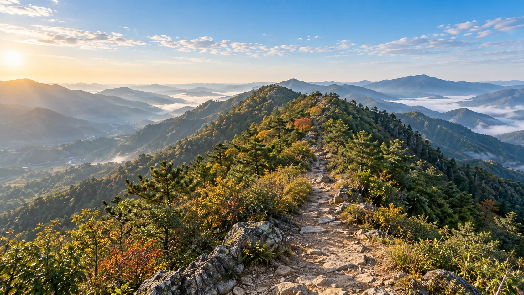 重庆垫江明月山十一月的森林山脉，狭长连绵却不尖锐的山脊，常绿树与少量秋色树叶相间，中央灰石与土质步道通往中景山肩，浅淡山谷雾气、通透明快暖阳，不画雪山和虚构悬崖栈道