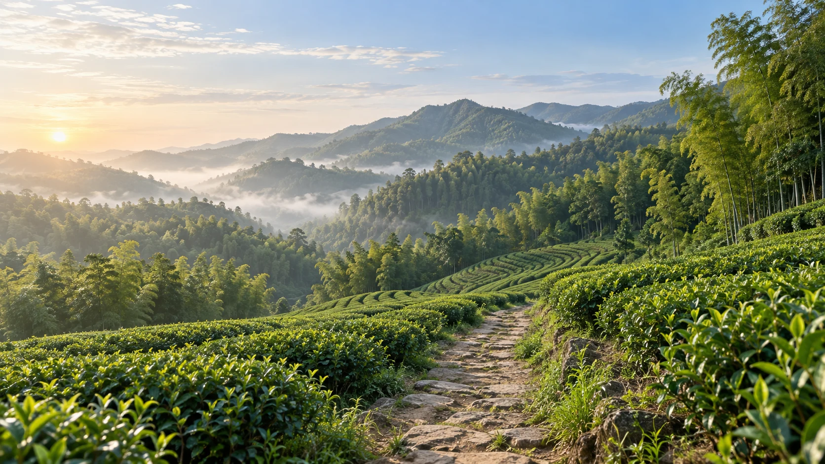 重庆永川茶山竹海地区四月，翠绿整齐但自然起伏的茶园行列与茂密竹林相接，近景中央一条简朴石土步道穿过茶山缓坡，远处绿色竹海山脊与薄薄晨雾，春日透亮晨光，安静低细节天空，不画古装人物和建筑牌匾