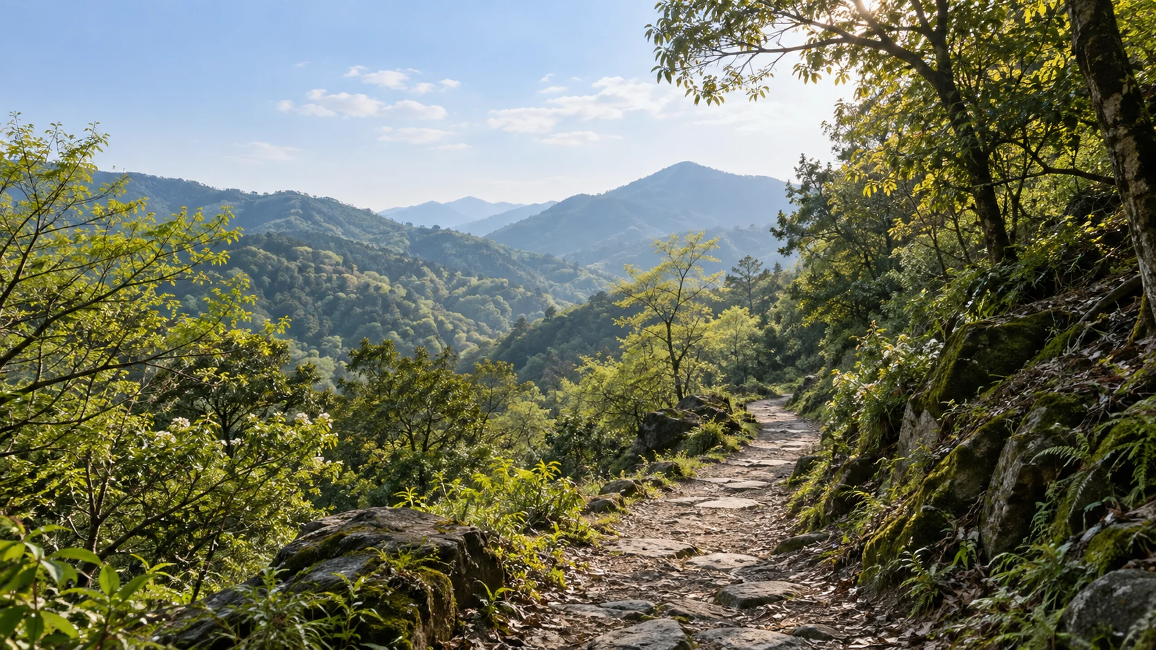浙江杭州三月末的江南低山森林，常绿阔叶与早春嫩叶相间，中央温润灰石土径缓缓弯入山林，远方青绿低山，空气清澈阳光柔和，不指定某个赛道，不画茶园或建筑