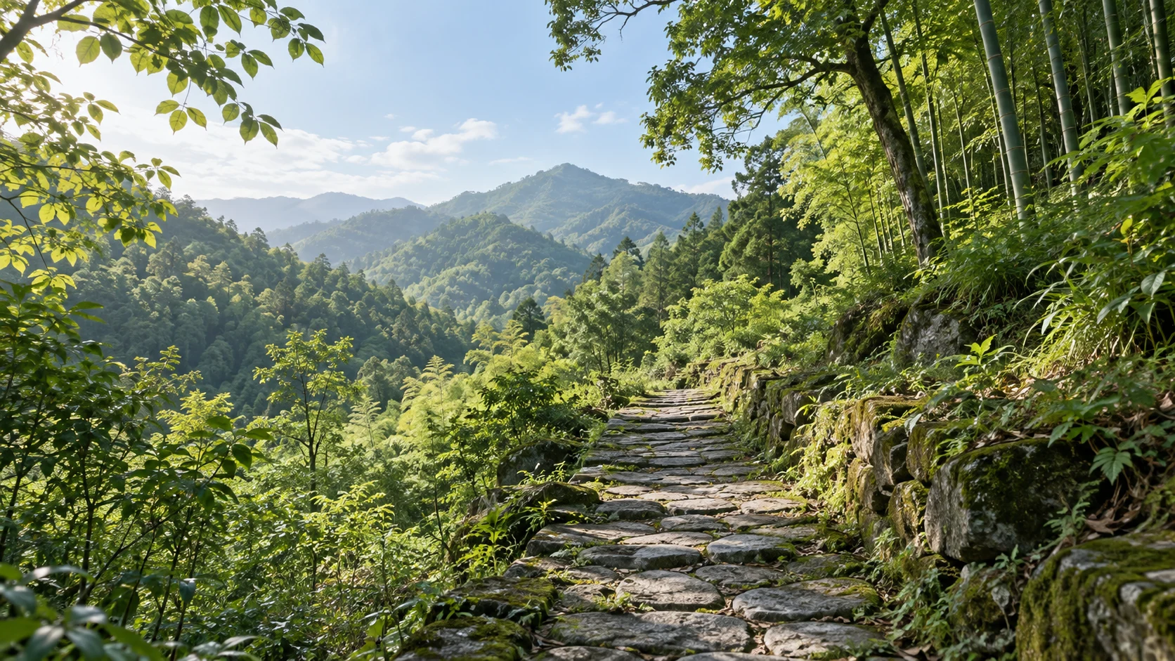 浙江慈溪方家河头周边五月，江南低山的浓绿森林与竹丛，一条陈旧但整齐可通行的灰石古道从中央深入山林，少量苔藓与春季嫩叶，远处低矮山脊若隐若现，斑驳明亮日光，不画房屋牌匾或具体文物