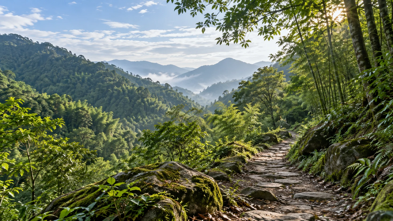 四川崇州街子周边八月的青城山系低山森林,林木葱绿与细竹相间,中央石土步道在林荫缓坡中蜿蜒,前景苔藓岩块,中远景层叠绿色山丘和轻薄水汽;不出现古镇建筑或宣称具体赛段