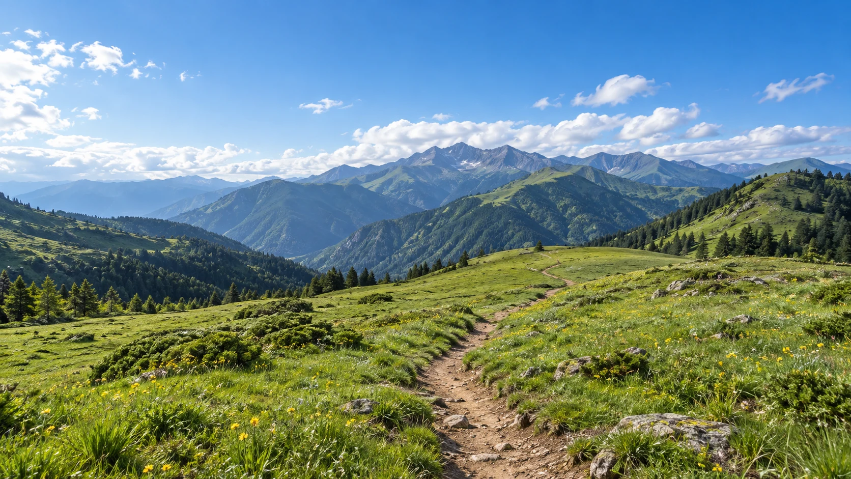 四川阿坝茂县九顶山六月,广阔起伏的亚高山绿色草甸,少量淡黄色野花,中央自然土径穿过柔缓草坡,后景暗绿山地森林与高山层次,干净蓝天白云,不画险峻刀锋或巨型冰川
