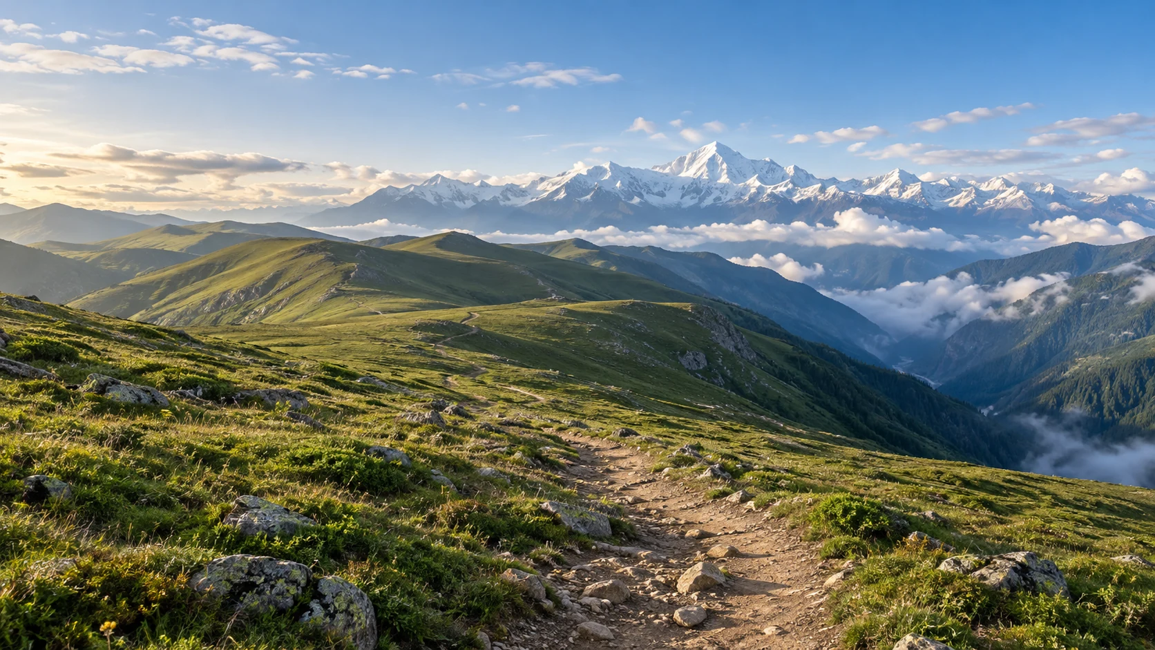 康定周边高山草甸山径与远方雪峰意象