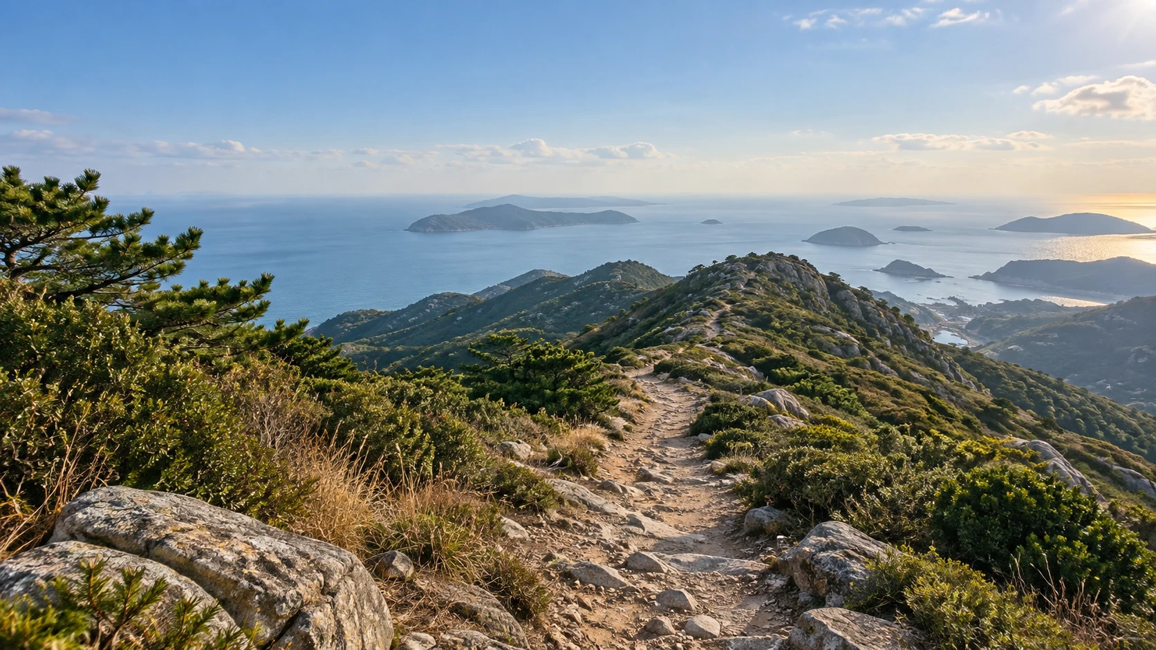 浙江舟山一月的海岛低山,墨绿松树和耐风常绿灌木,零星枯黄草叶,中央石土山径沿安全的缓坡通向远方低山,远处蓝灰海湾和细小离岛,冬日清澈温柔阳光,不画热带沙滩或高耸雪峰