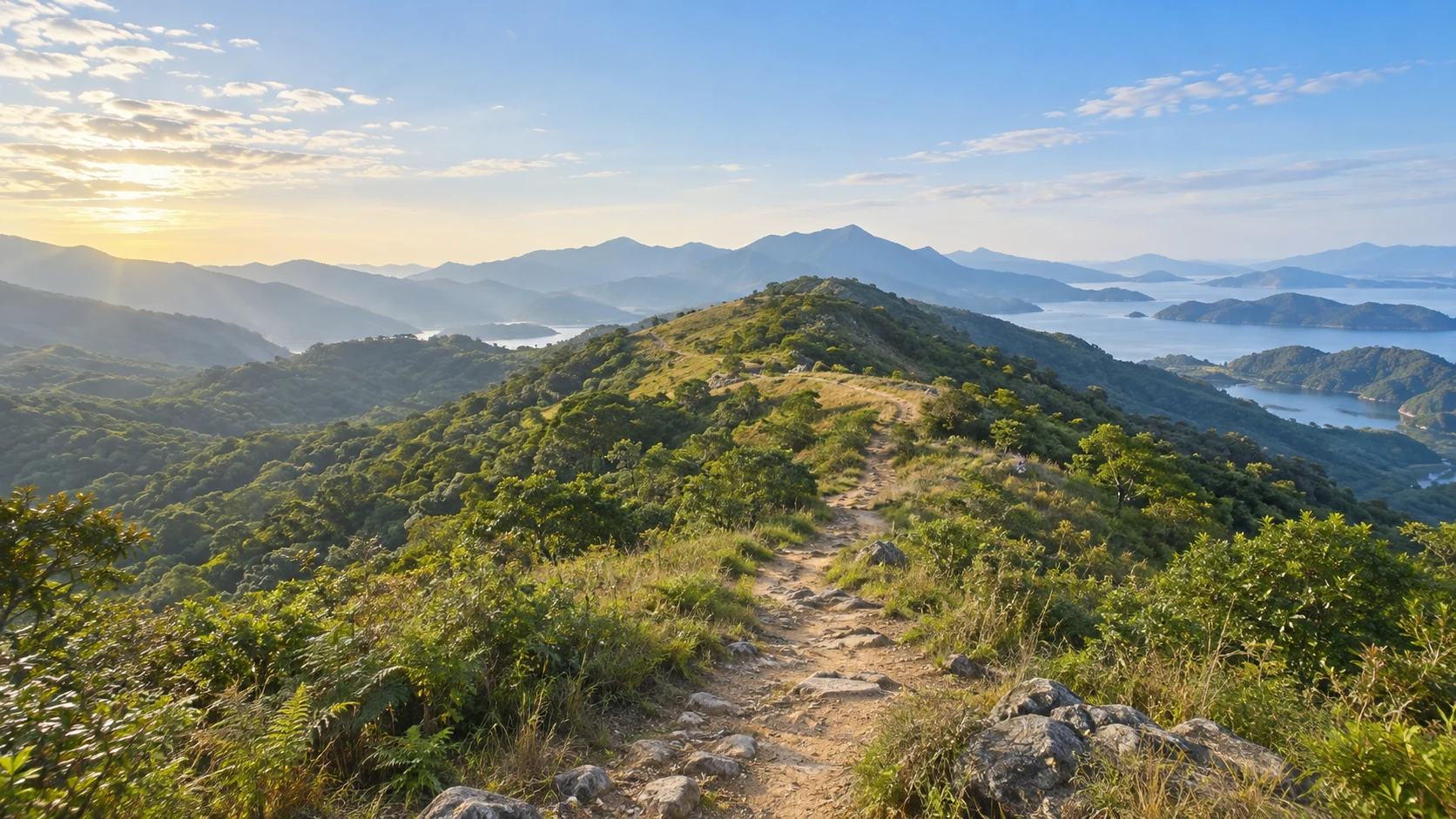 香港大埔周边三月底的郊野丘陵,常绿次生林覆盖低缓山地,林冠之间露出浅黄草坡,一条中央土石小径从林边延伸到山肩,远处青蓝色层叠山岭,温暖柔和晨光,不画深圳都市天际线或特定赛段