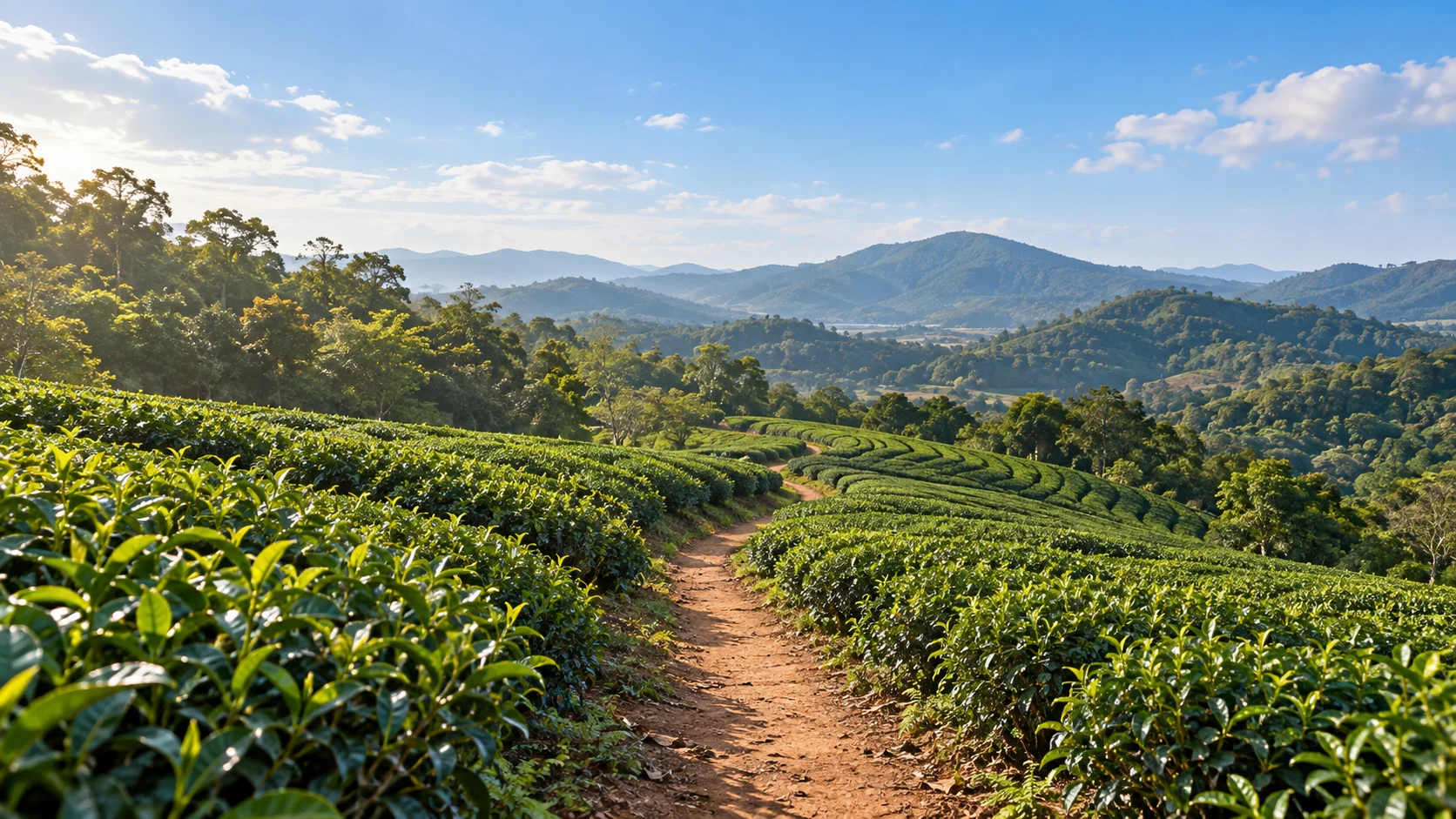广州黄埔岭头茶园的红土小径、常绿树林与低缓山丘