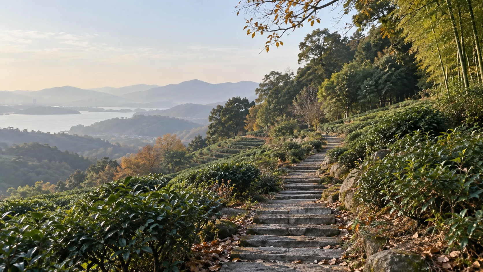 西湖群山冬日茶园石阶 · 赛事区域意象